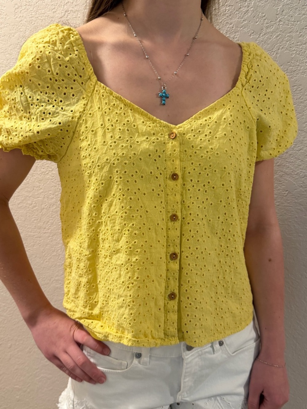 Nanette Lepore XS Yellow Eyelet Puff Sleeve Top Button Front Lined Blouse Summer